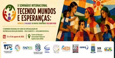 Folder do evento ilustração de mulheres com crianças, simbolo do evento, folders dos colaboradores, informações do evento.