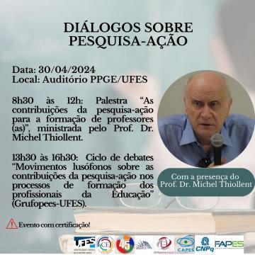 Folder azul claro com informações sobre a palestra. Do lado direito a foto do Prof. Michel Thiollent. Na parte de baixo as logos dos parceiros do evento.