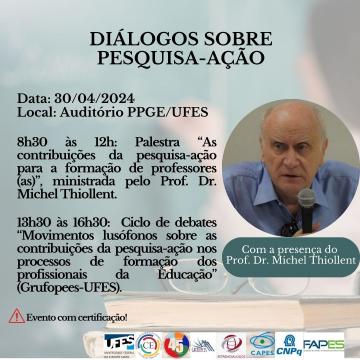 Folder azul claro com informações sobre a palestra. Do lado direito a foto do Prof. Michel Thiollent. Na parte de baixo as logos dos parceiros do evento. 